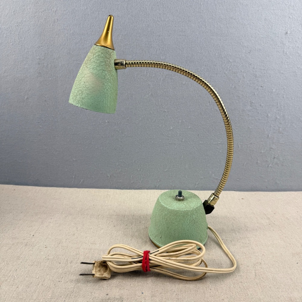 Mid Century Modern Green Crackle Gooseneck Desk Lamp Atomic Bullet Shade MCM
